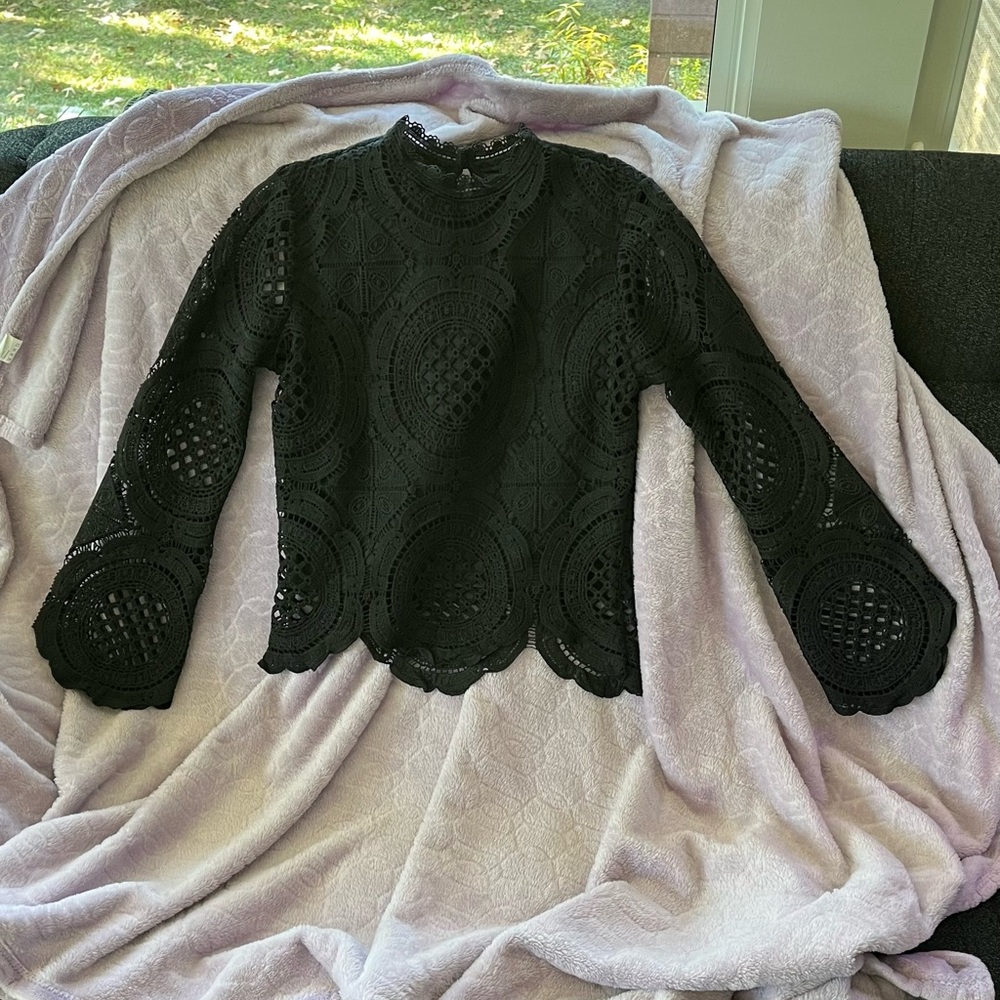 Black Cropped Mandarin Collar Blouse